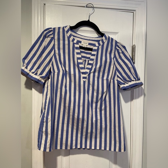 J. Crew Tops - J. Crew Size XS Blue White Striped Striped Short Puff Button Sleeve Poplin Top